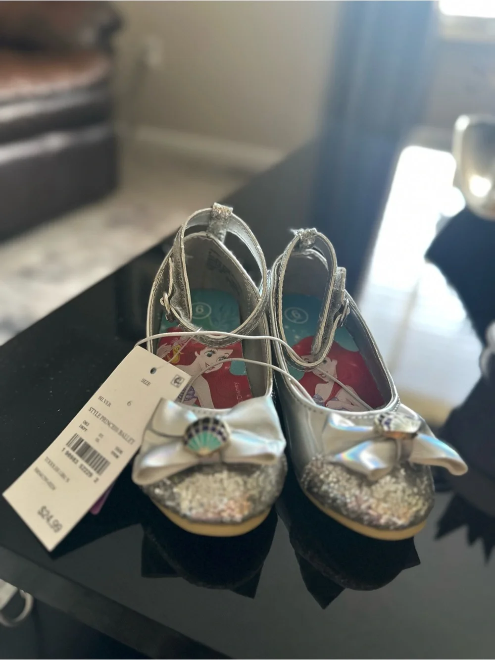 Disney Silver Glitter Ariel Bow Mary Jane Kids Shoes